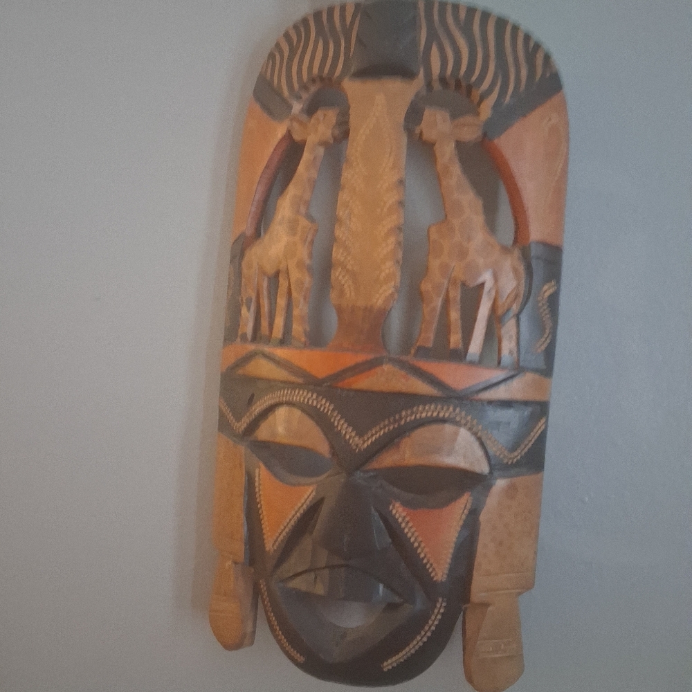 Carved Tribal Mask with Giraffe Motif